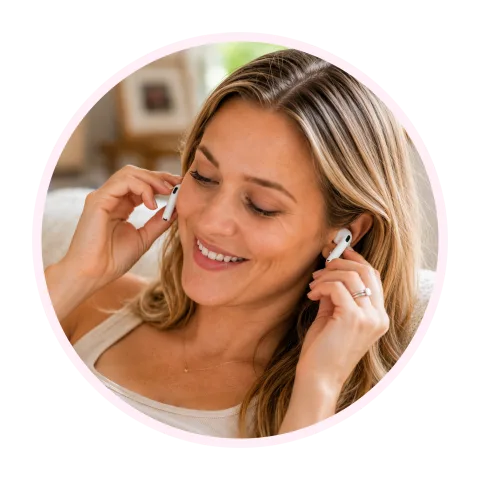 A smiling pregnant woman putting in earbuds to listen